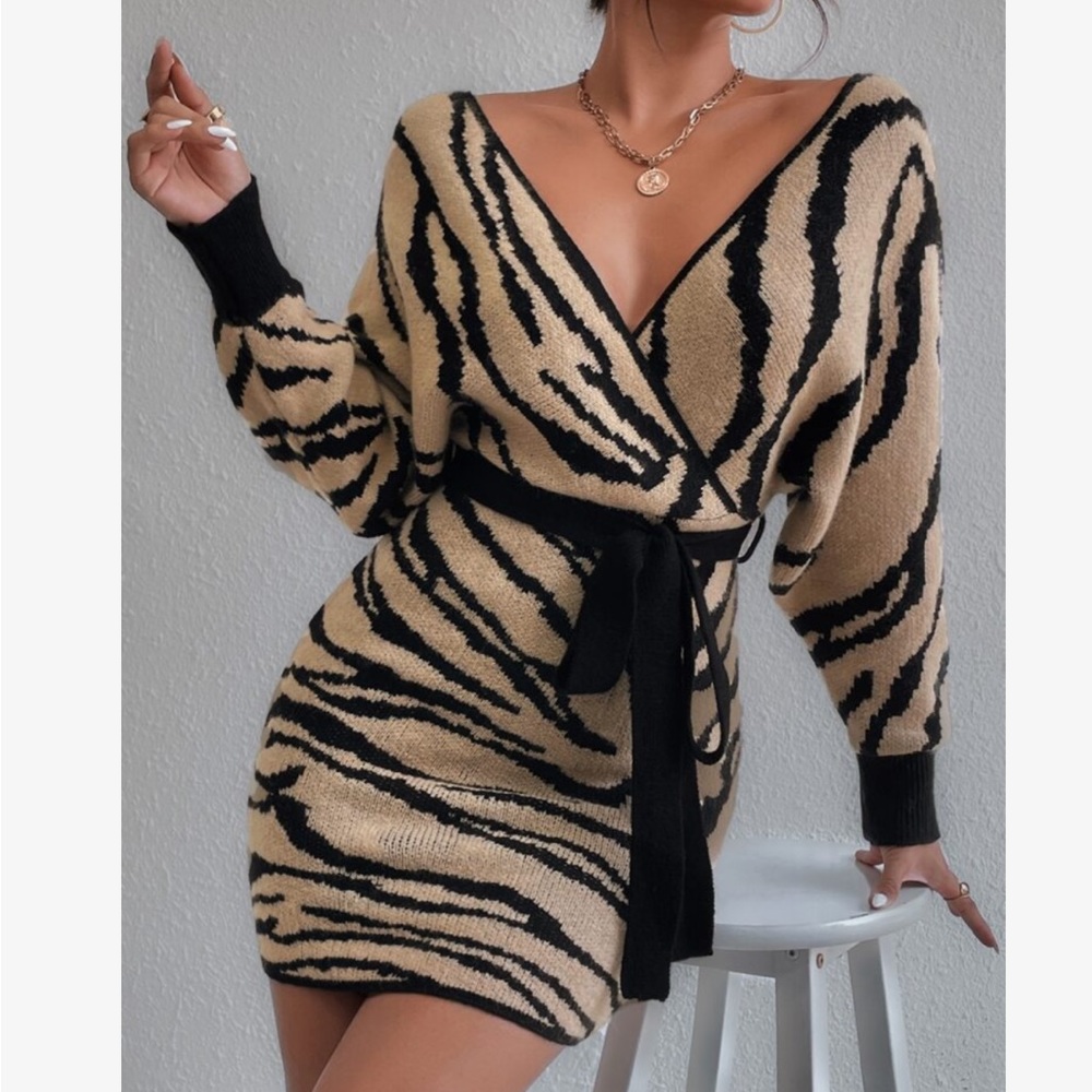 Cozy Off Shoulder Zebra Striped Pattern Batwing Sleeve Belted Sweater Dress - Picture 5 of 5